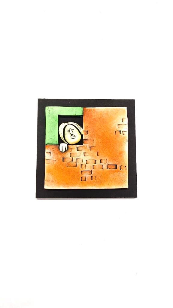 Tangerine Orange Green Faces Bricks Design Handcrafted Set Of 4 By Tamrapatra