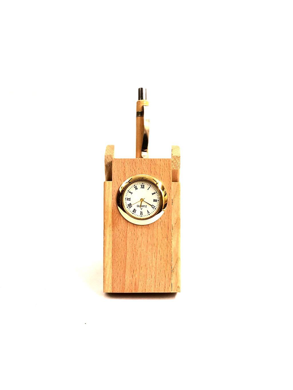 Excellent Quality Wood Stand With Pen & Clock Desk Utility By Tamrapatra