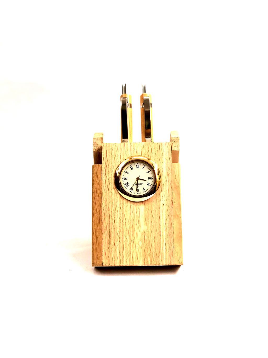 Excellent Quality Wood Stand With Pen & Clock Desk Utility By Tamrapatra