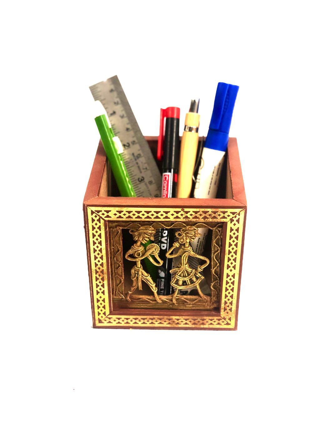 Wooden Square Pen Stand With Dhokra Figures Traditional Art Tamrapatra