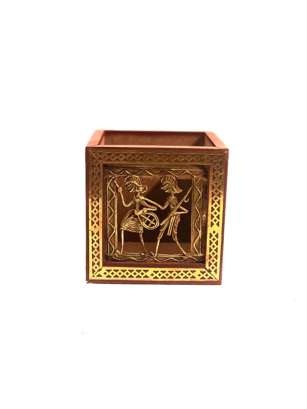 Wooden Square Pen Stand With Dhokra Figures Traditional Art Tamrapatra