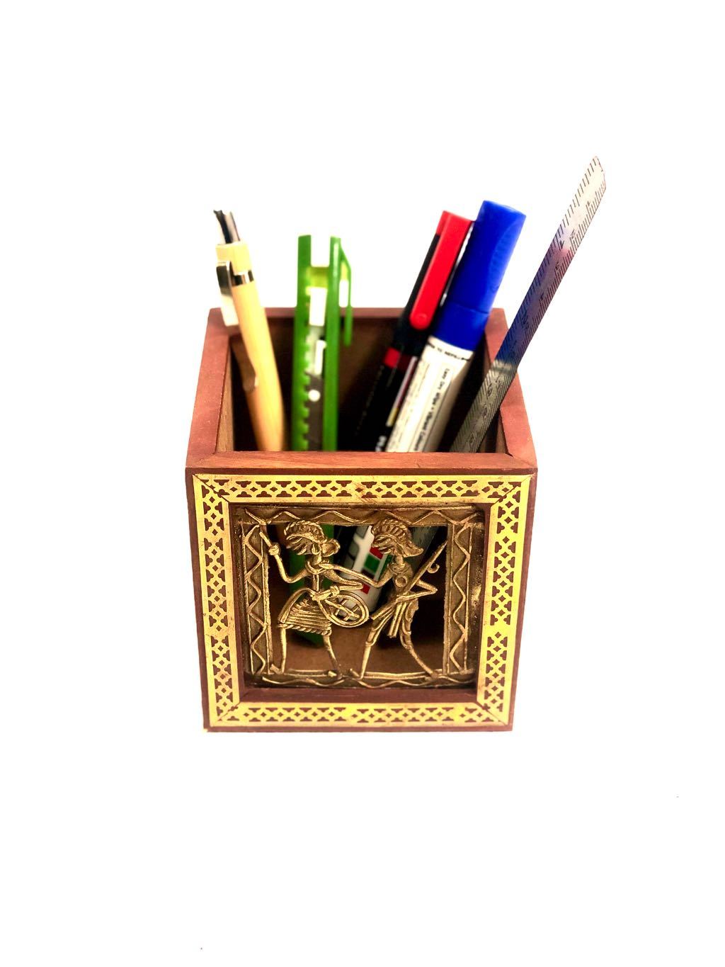 Wooden Square Pen Stand With Dhokra Figures Traditional Art Tamrapatra