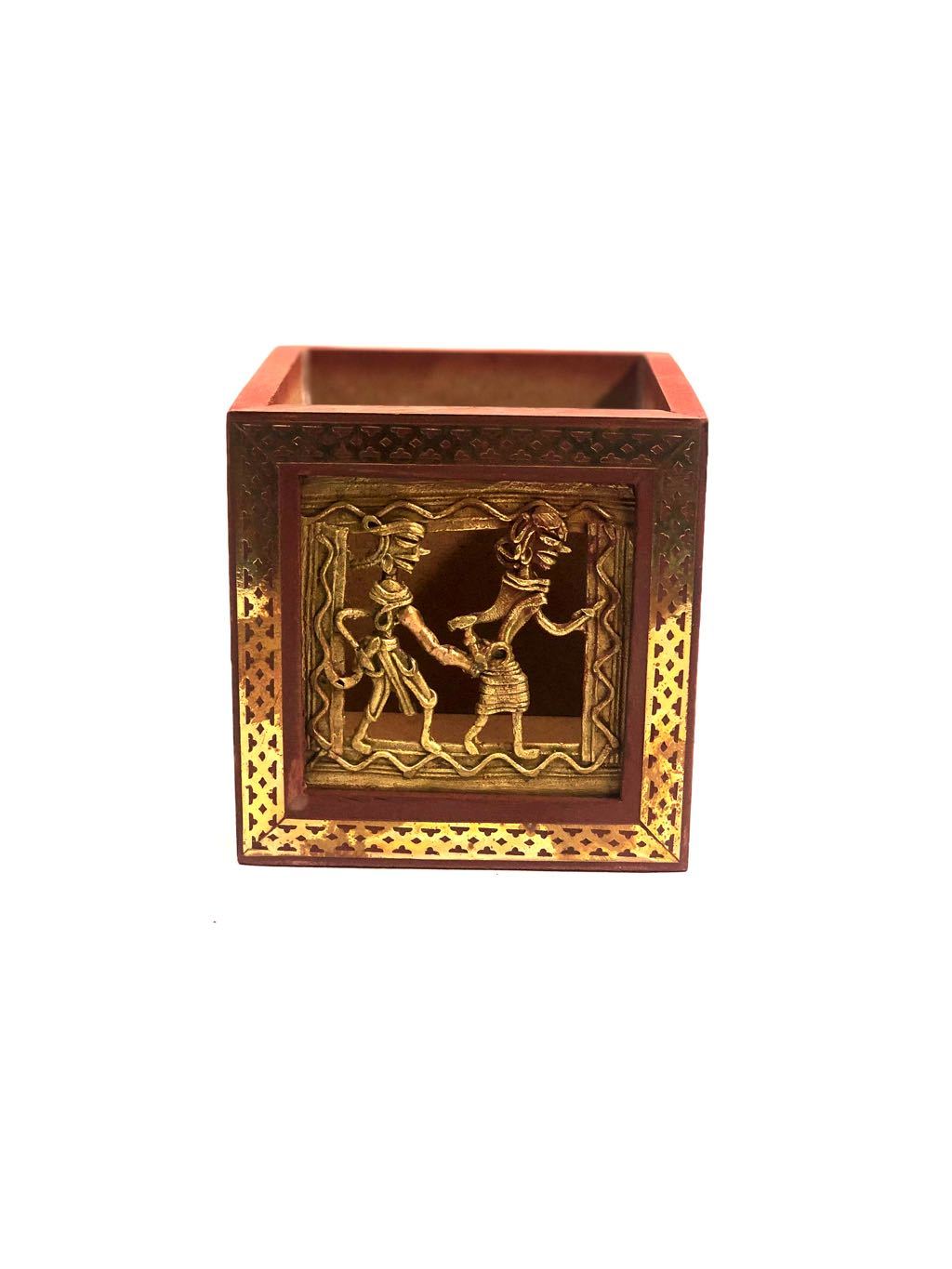 Wooden Square Pen Stand With Dhokra Figures Traditional Art Tamrapatra