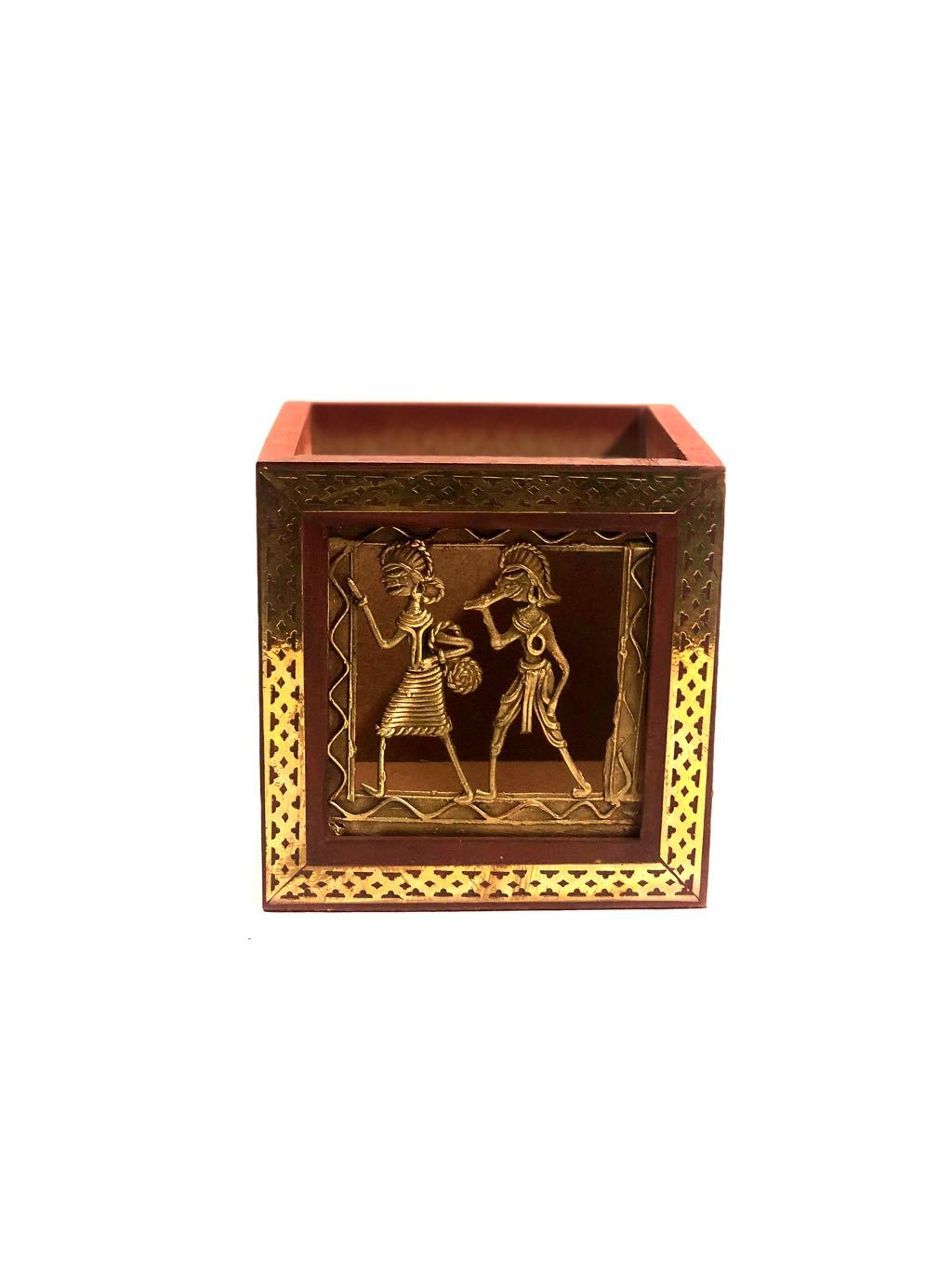Wooden Square Pen Stand With Dhokra Figures Traditional Art Tamrapatra