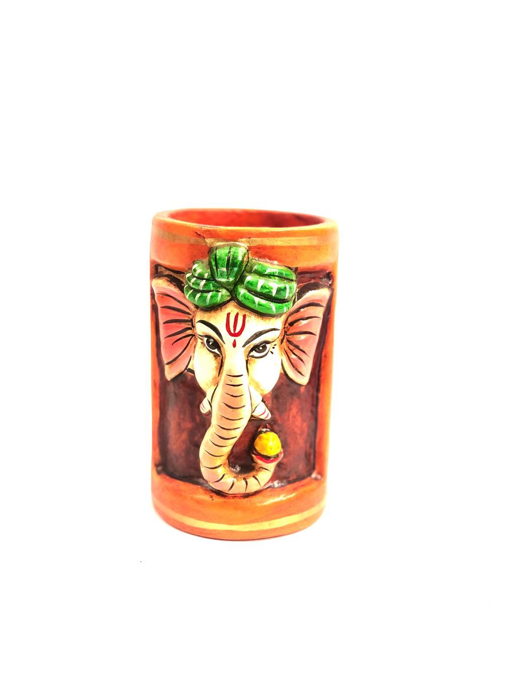 Ganesha Face Painted Vibrant Colors Resin Pen Holder Exporters Tamrapatra