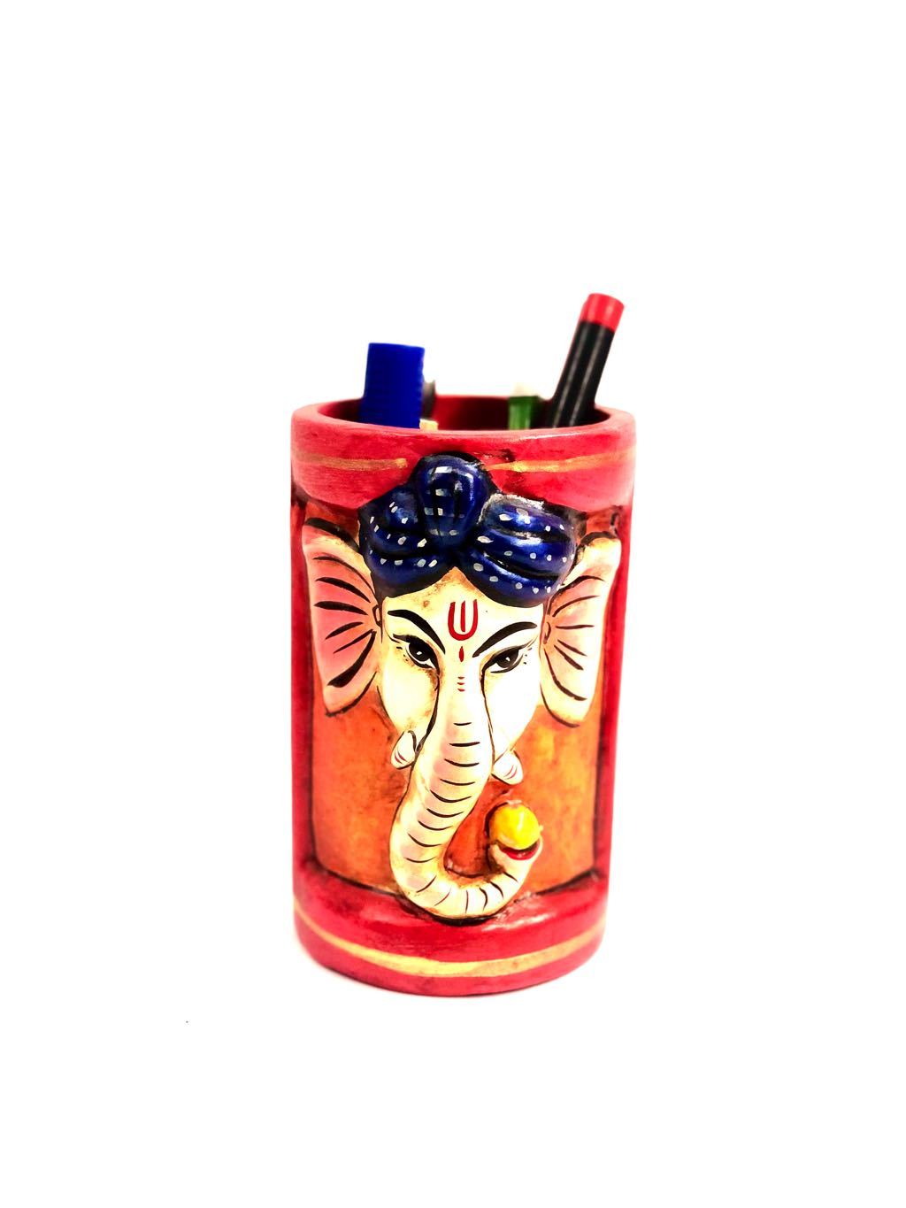 Ganesha Face Painted Vibrant Colors Resin Pen Holder Exporters Tamrapatra