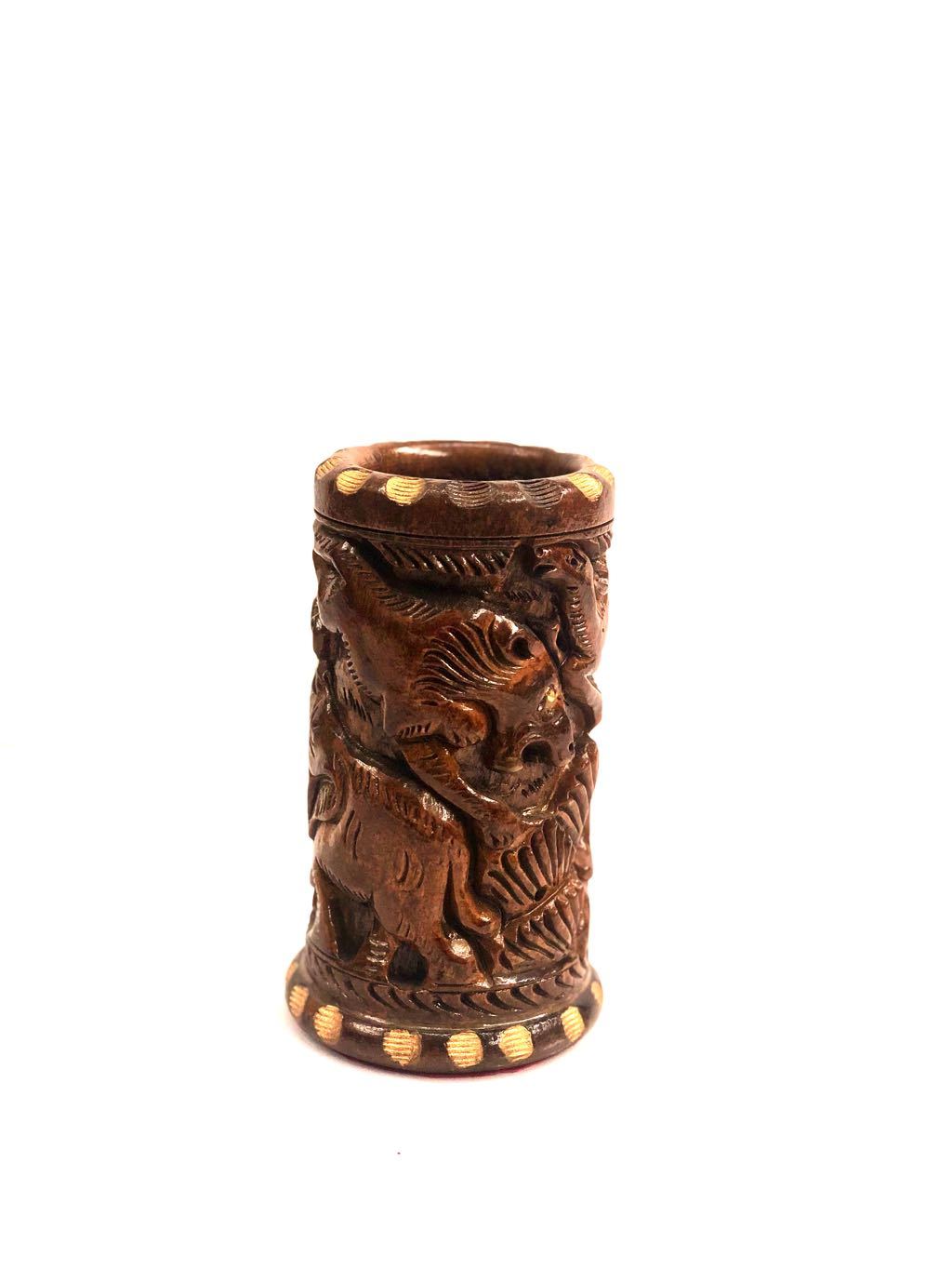 Designer Fine Carving By Indian Artisan Wooden Pen Holder From Tamrapatra