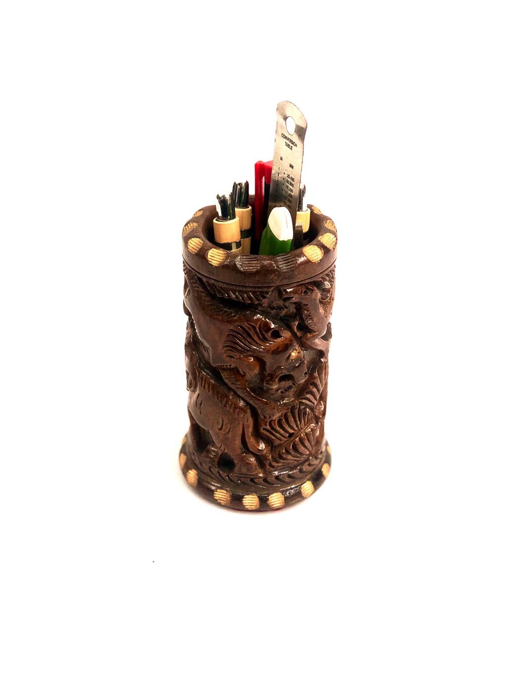 Designer Fine Carving By Indian Artisan Wooden Pen Holder From Tamrapatra
