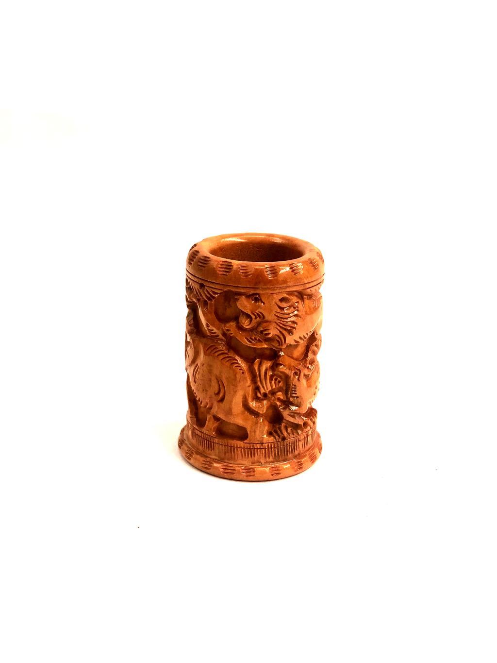Designer Fine Carving By Indian Artisan Wooden Pen Holder From Tamrapatra