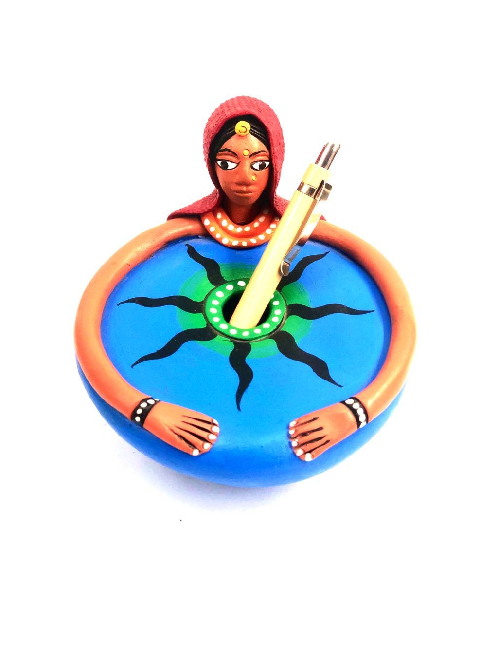 Woman Face Designer Style Terracotta Pen Stand Hand Painted Tamrapatra