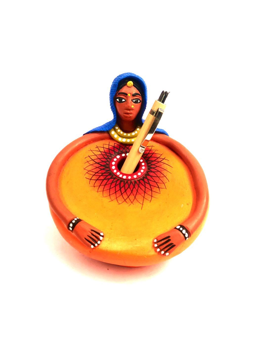 Woman Face Designer Style Terracotta Pen Stand Hand Painted Tamrapatra