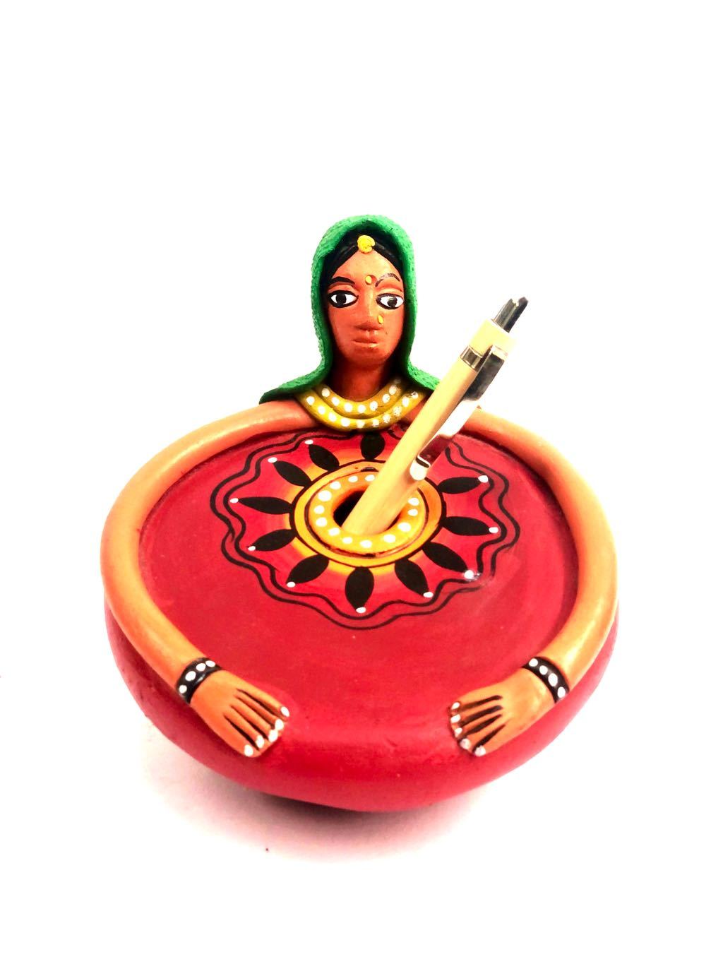 Woman Face Designer Style Terracotta Pen Stand Hand Painted Tamrapatra