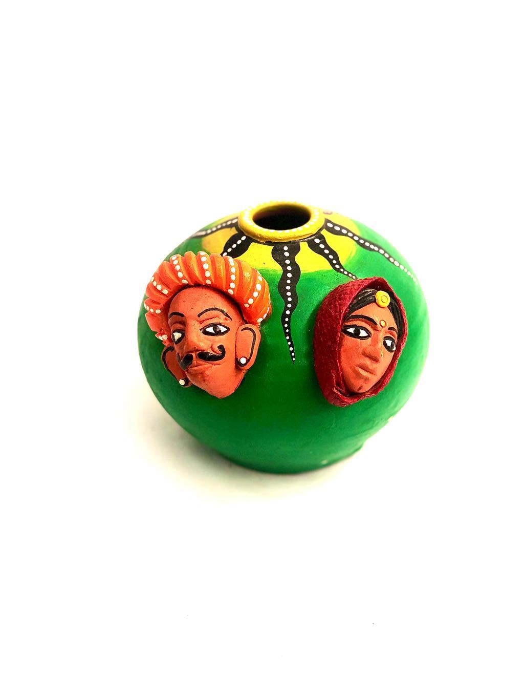 Traditional Indian Couple Face Terracotta Pen Stand Handpainted Tamrapatra