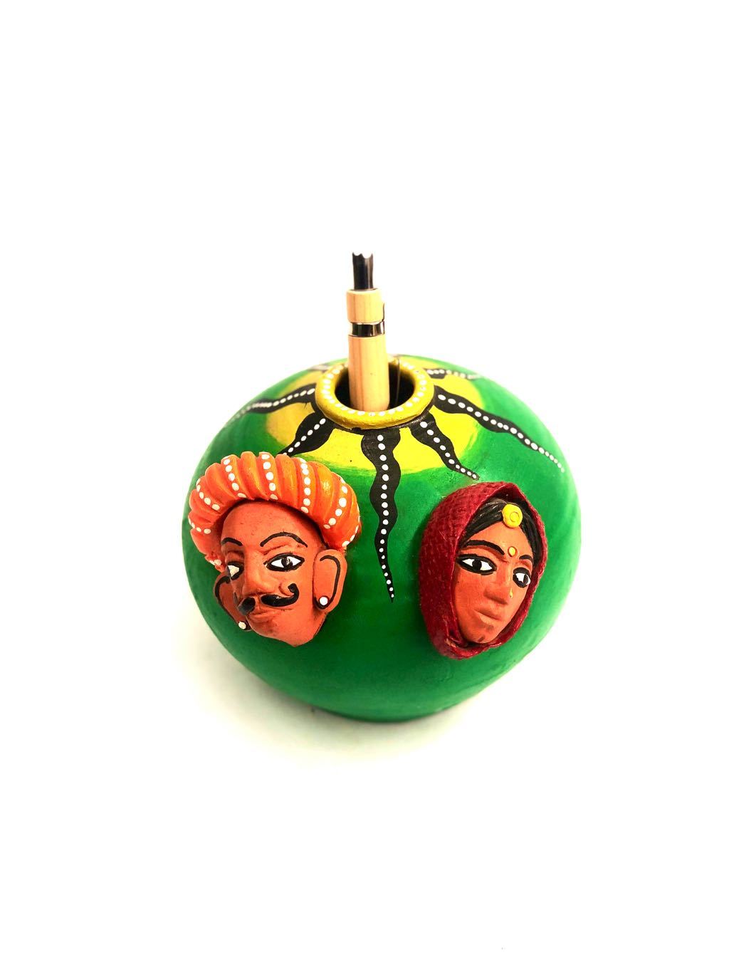 Traditional Indian Couple Face Terracotta Pen Stand Handpainted Tamrapatra