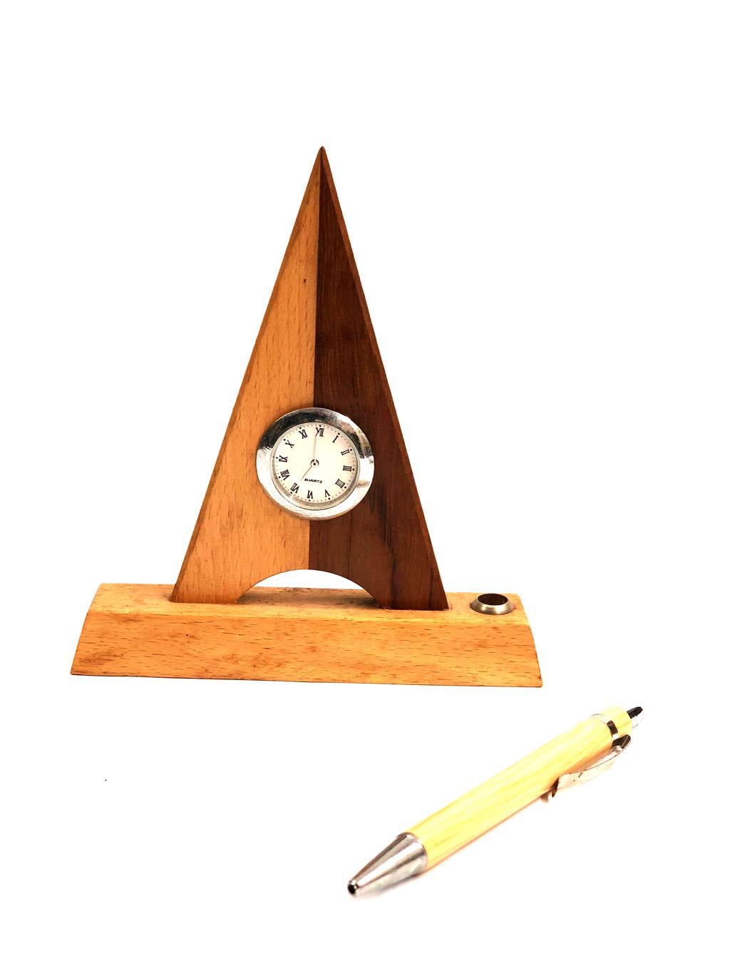 Excellent Quality Wood Stand With Pen & Clock Desk Utility By Tamrapatra