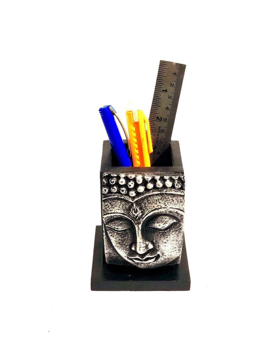 Buddha Sculpture Face On Wooden Pen Stand Modern New By Tamrapatra