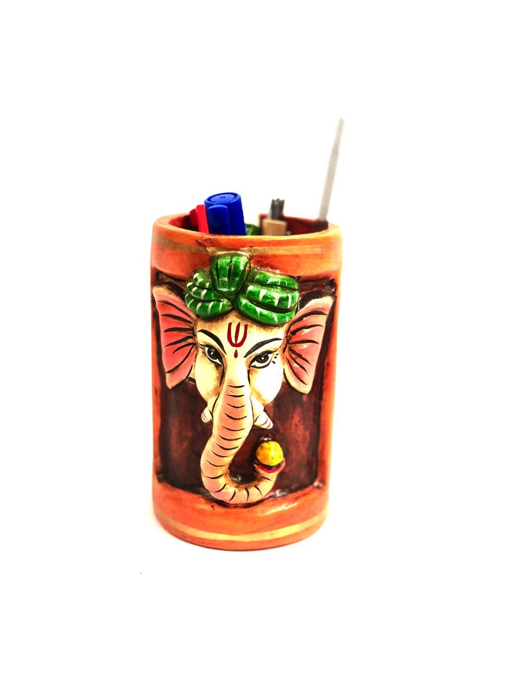 Ganesha Face Painted Vibrant Colors Resin Pen Holder Exporters Tamrapatra
