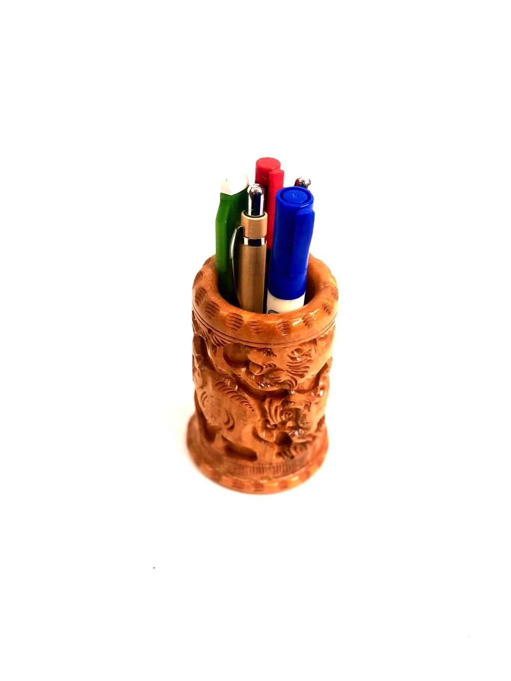Designer Fine Carving By Indian Artisan Wooden Pen Holder From Tamrapatra