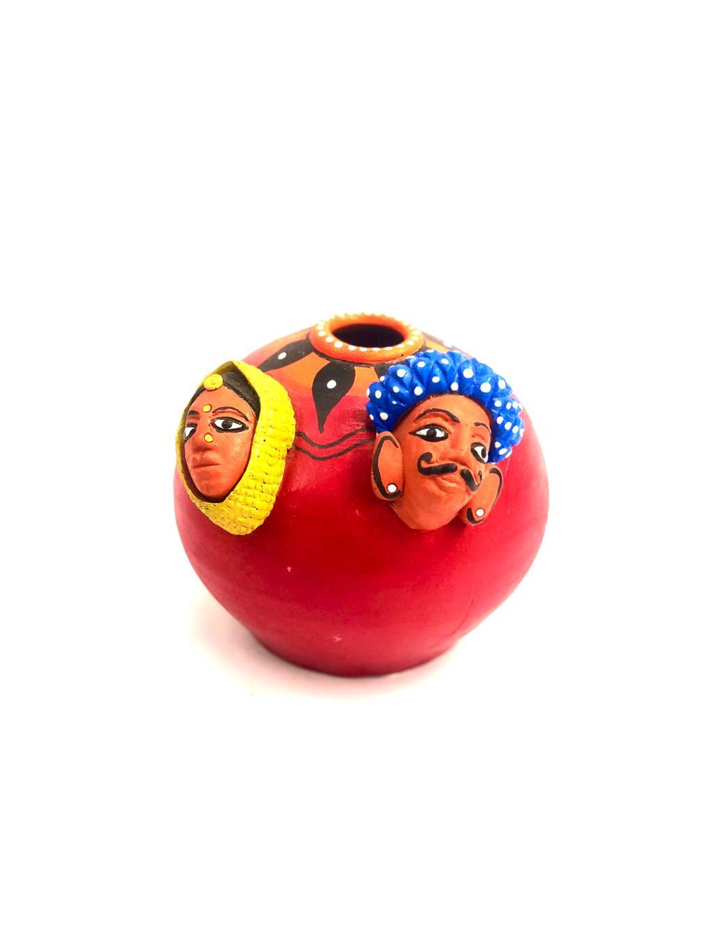 Traditional Indian Couple Face Terracotta Pen Stand Handpainted Tamrapatra