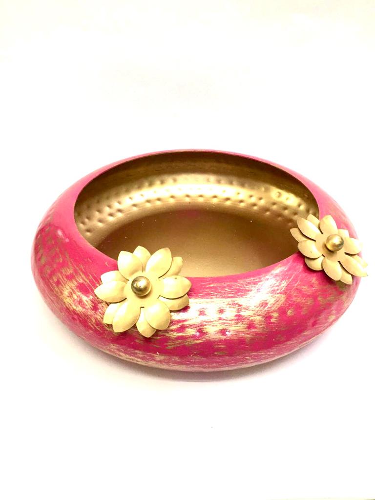 Metal Decorative Round Urli Shades Of Pink With Flower Petal By Tamrapatra