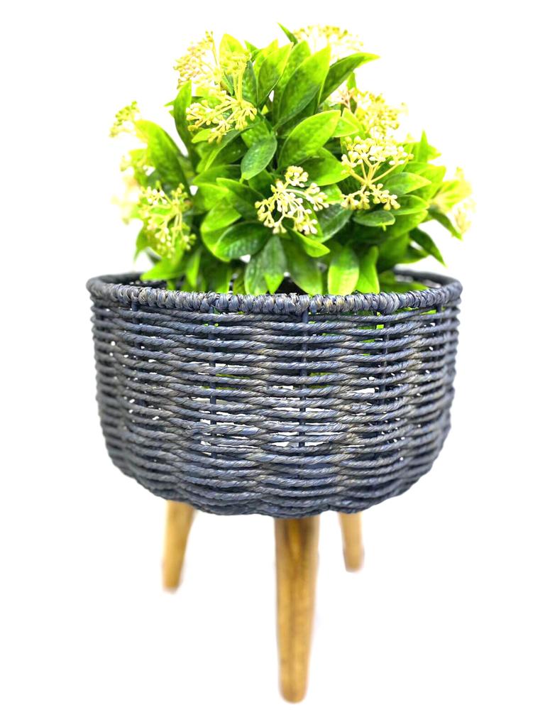 Jute Planter Woven On Metal & Wooden Tripod Stand Blue Shade By Tamrapatra