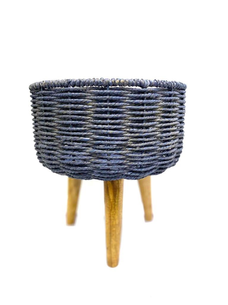 Jute Planter Woven On Metal & Wooden Tripod Stand Blue Shade By Tamrapatra
