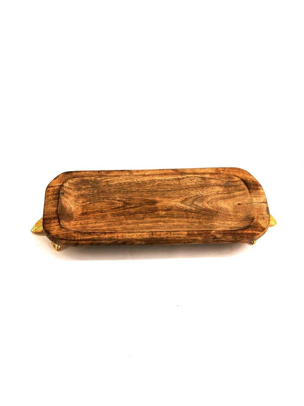 Wooden Platter With Metal Flower Petals Stand For Home Utility Tamrapatra
