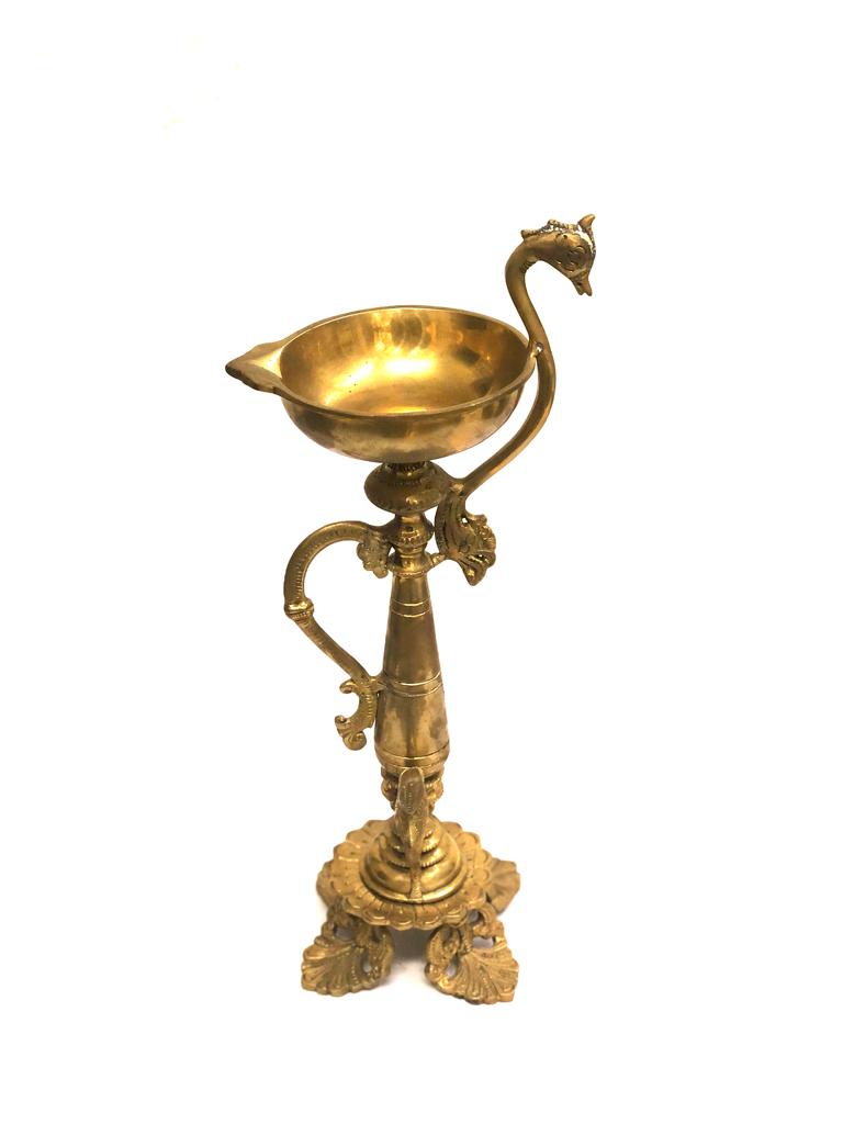 Brass Diya With Peacock Carving Auspicious Pooja Lamp On Stand Tamrapatra