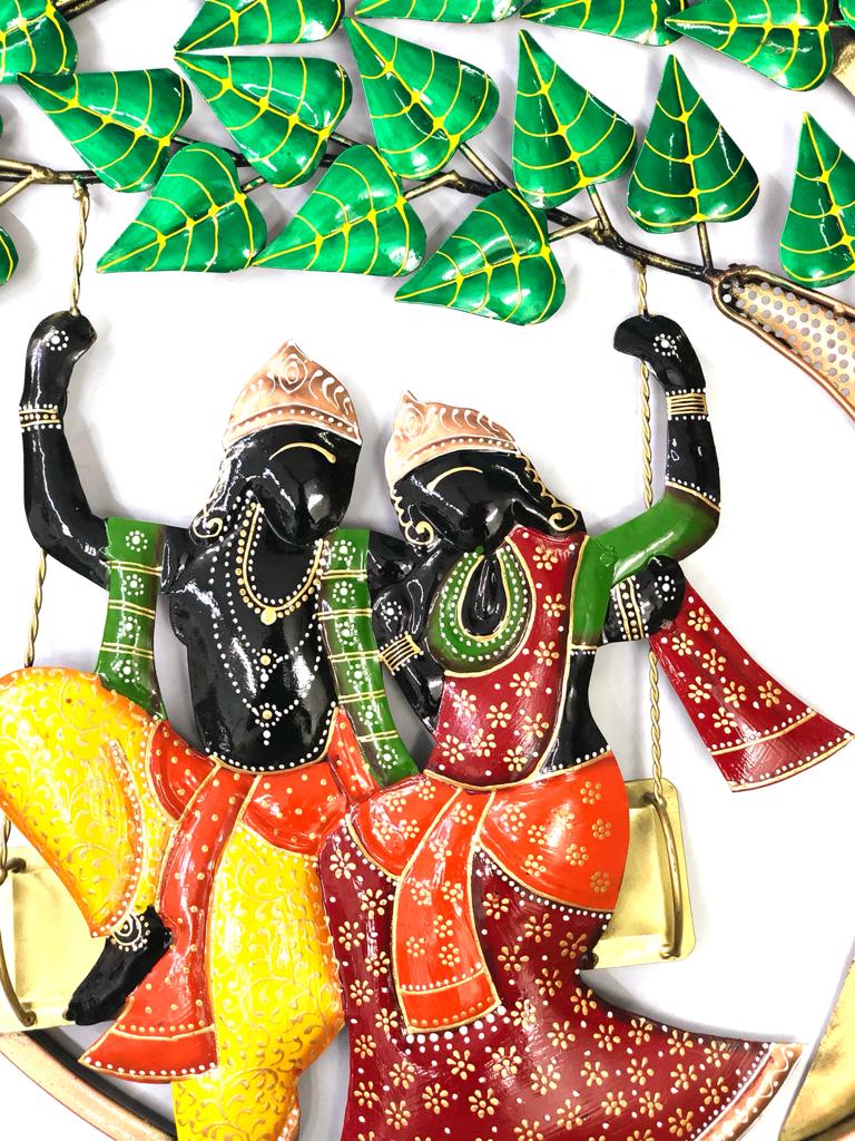 Radha Krishna Jhula Swing In Attractive Shades Round Metal Wall Art By Tamrapatra