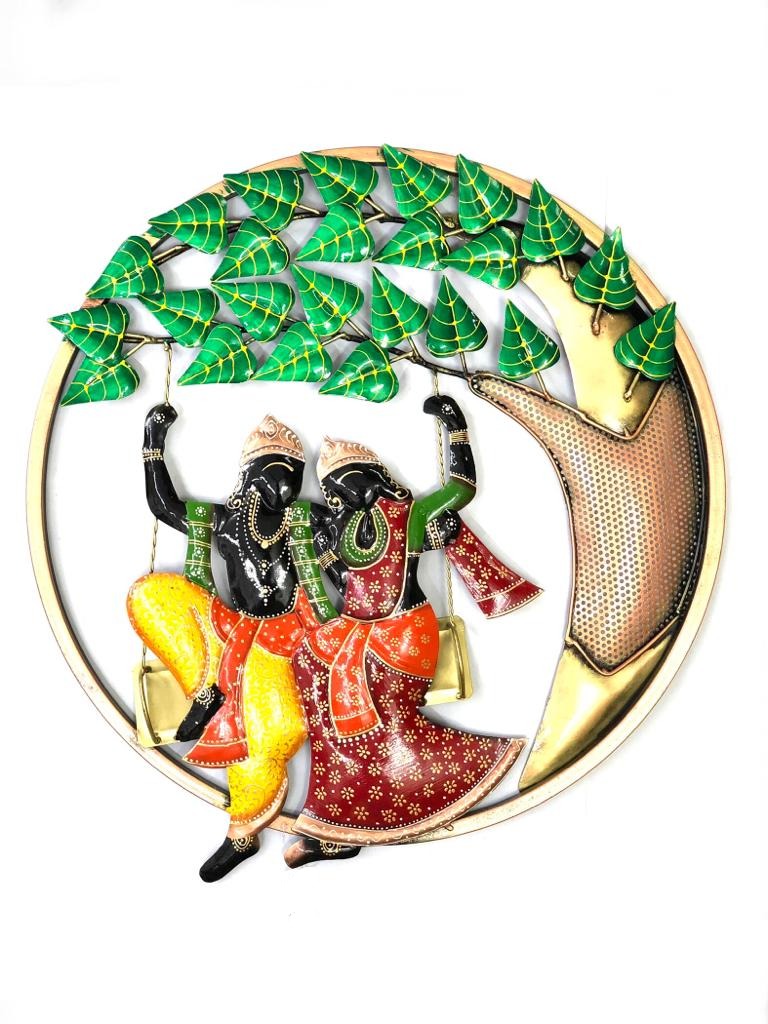 Radha Krishna Jhula Swing In Attractive Shades Round Metal Wall Art By Tamrapatra