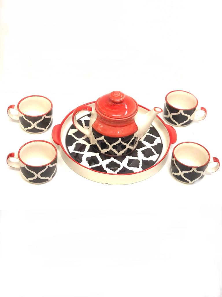 Ceramic Kettle 4 Cup Tea Set With Tray Attractive Moroccan Style Tamrapatra