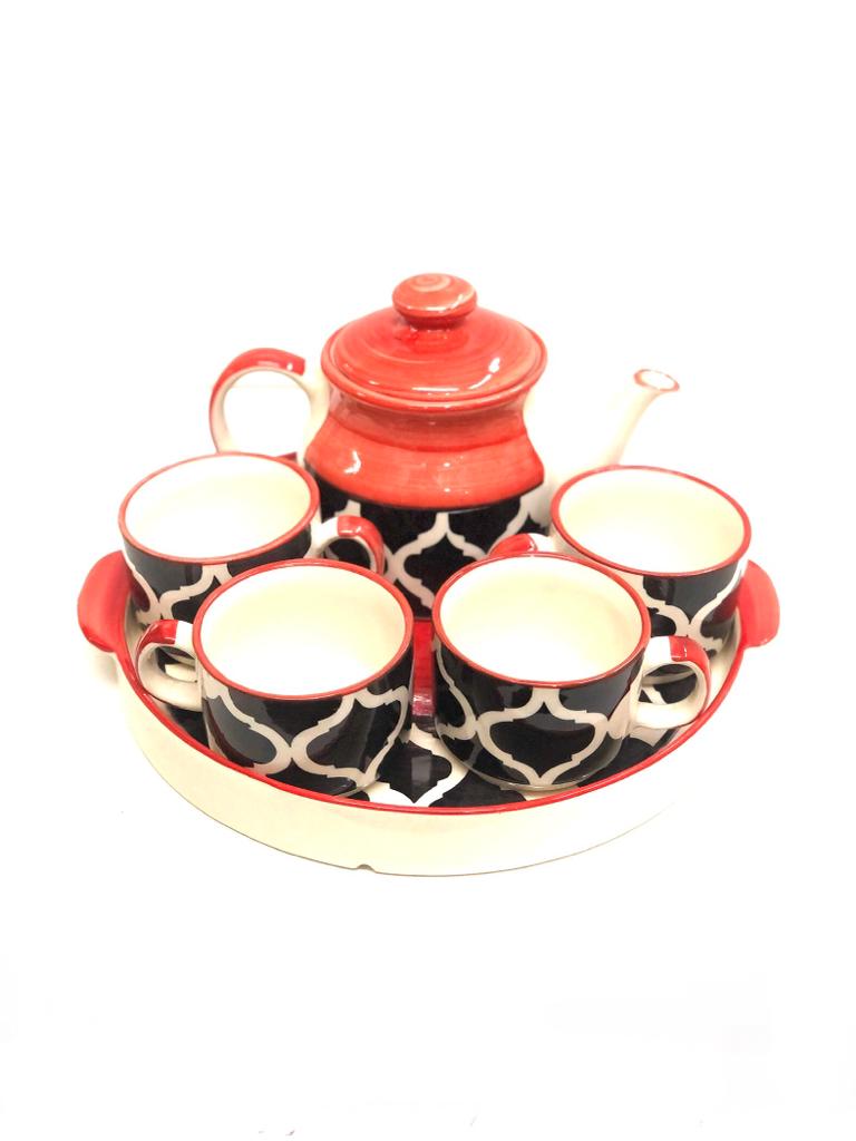 Ceramic Kettle 4 Cup Tea Set With Tray Attractive Moroccan Style Tamrapatra