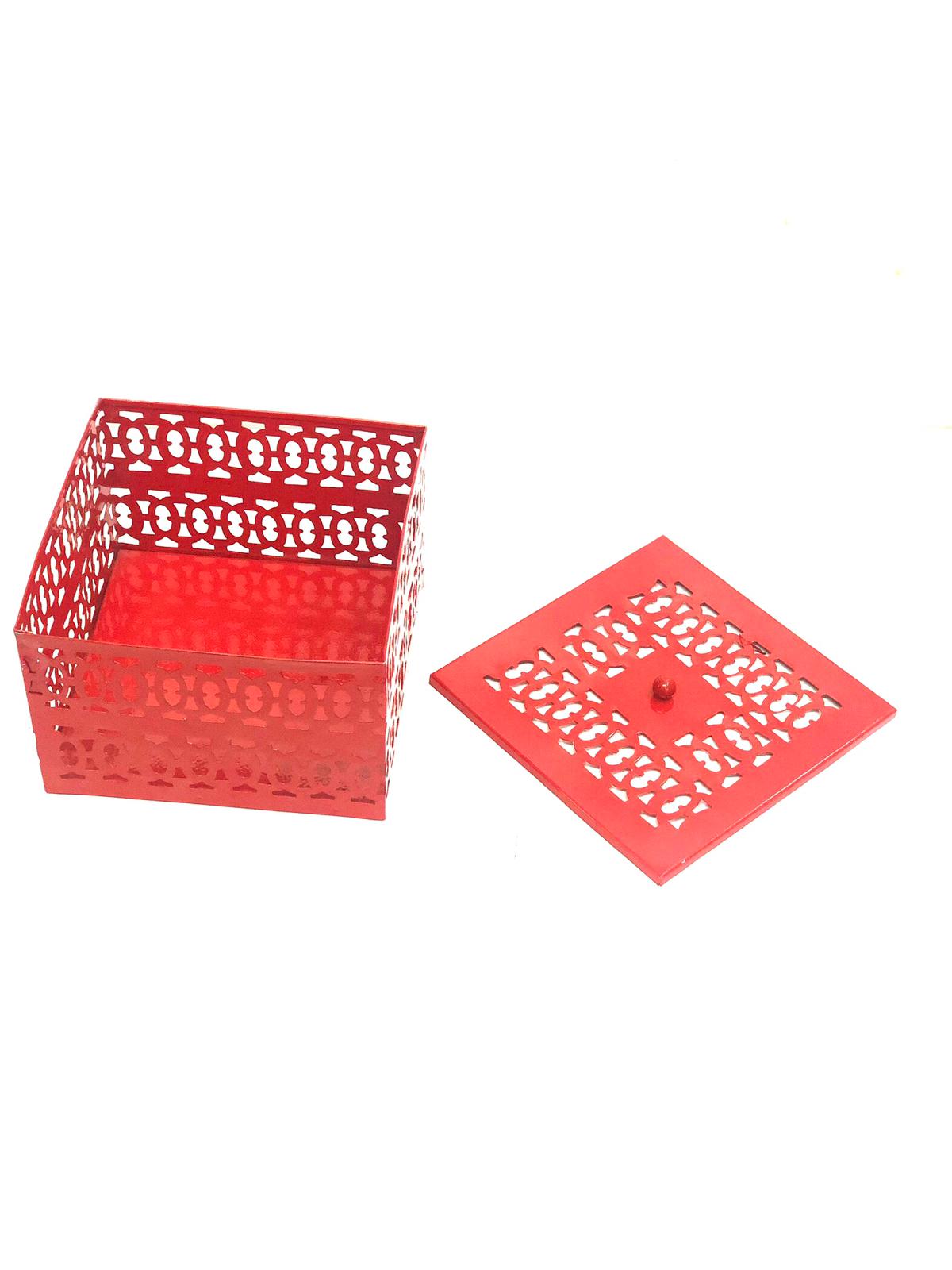 Square Metal Box Storage Jars Carving Handcrafted In India From Tamrapatra