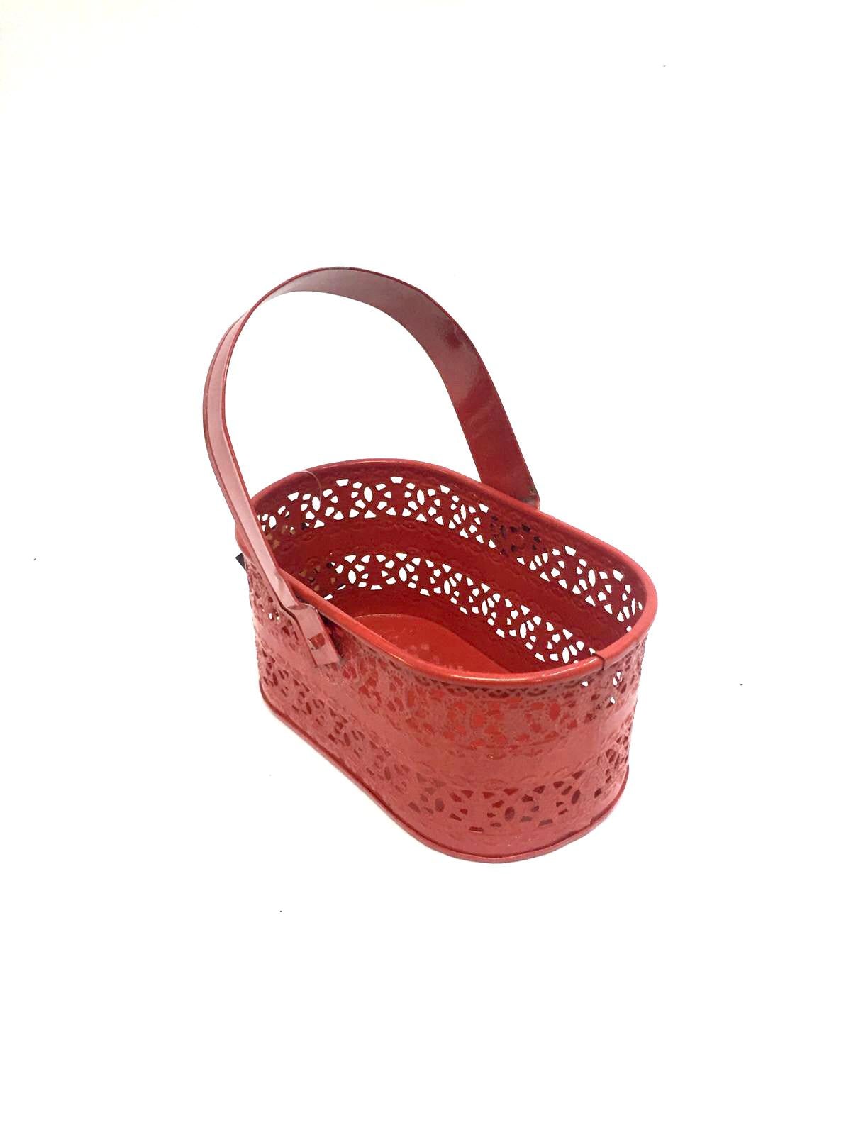 Basket Style Storage Metal Handcrafted With Easy Carry Handle By Tamrapatra