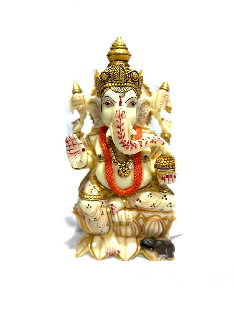 Resin Ganesh Sitting On Lotus New Designs Hand Painted Ivory Finish Tamrapatra