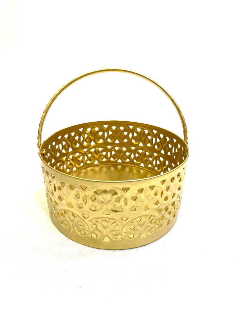 Metal Round Carving Designer Baskets For Gifts Hampers Storage By Tamrapatra