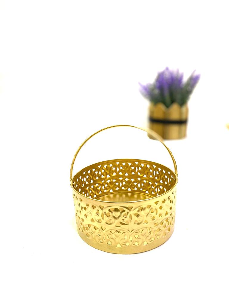 Metal Round Carving Designer Baskets For Gifts Hampers Storage By Tamrapatra