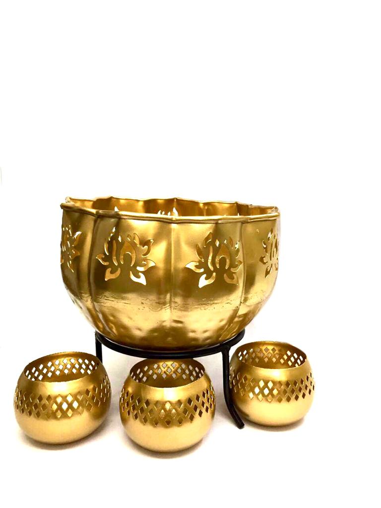 Golden Carving Lotus Metal Flower Pot Urli With Tea Light Holder By Tamrapatra