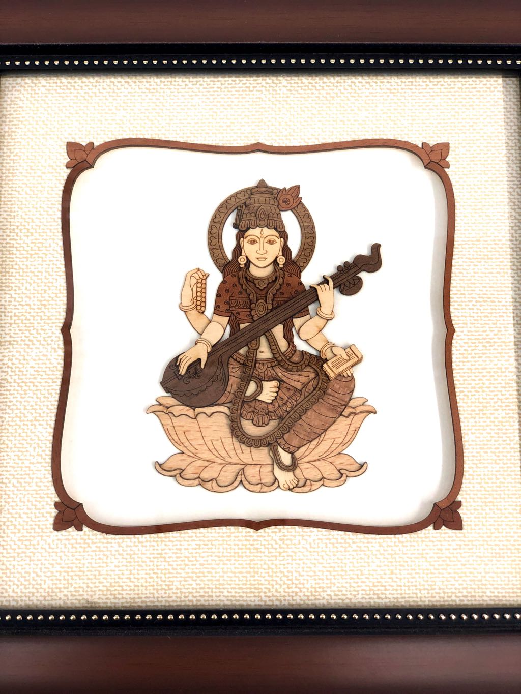 Hindu Goddess Saraswati In Natural Wooden Art 3D Handmade Frames Tamrapatra