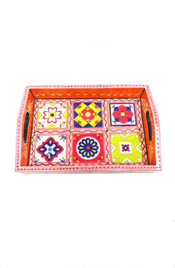 Premium Mango Wood Tray Blue Pottery Tiles Combined By Tamrapatra - Tamrapatra