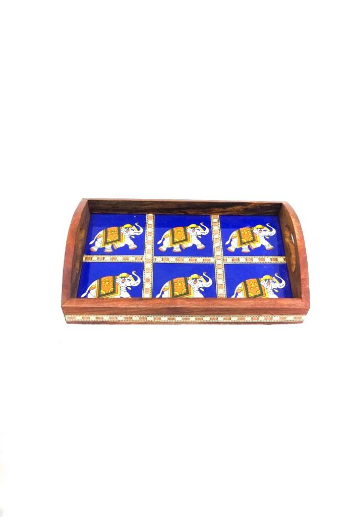 Premium Mango Wood Tray Blue Pottery Tiles Combined By Tamrapatra - Tamrapatra