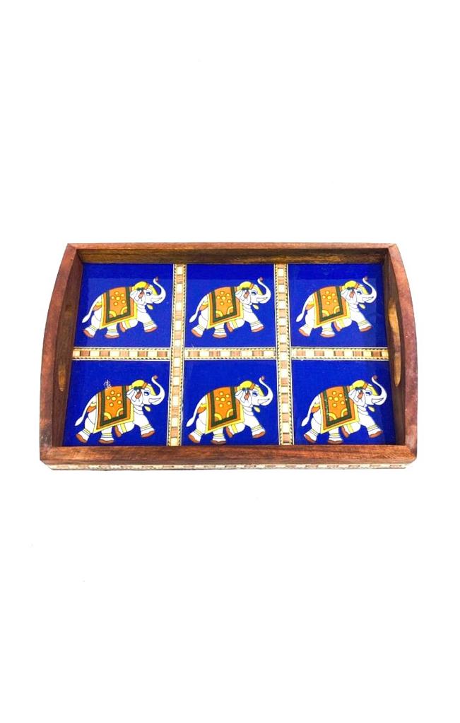 Premium Mango Wood Tray Blue Pottery Tiles Combined By Tamrapatra - Tamrapatra