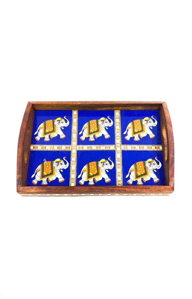 Premium Mango Wood Tray Blue Pottery Tiles Combined By Tamrapatra - Tamrapatra