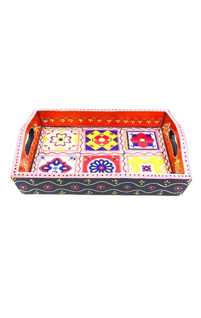 Premium Mango Wood Tray Blue Pottery Tiles Combined By Tamrapatra - Tamrapatra