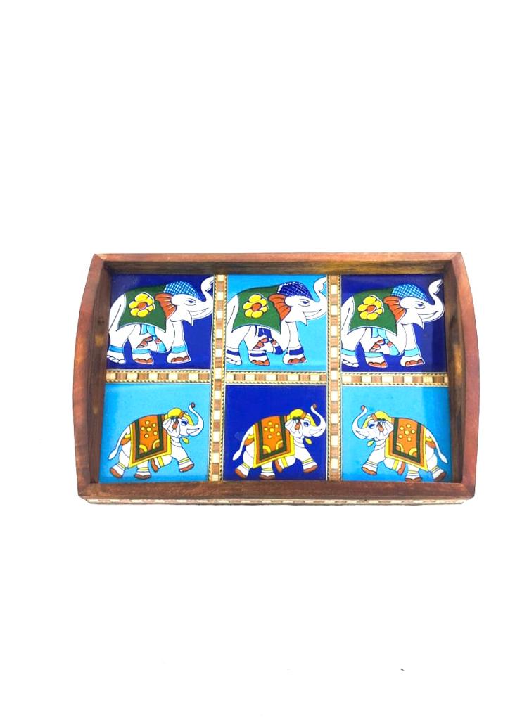 Premium Mango Wood Tray Blue Pottery Tiles Combined By Tamrapatra - Tamrapatra