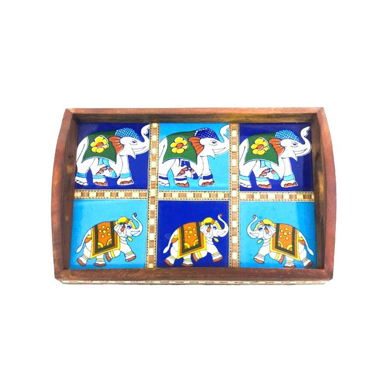 Premium Mango Wood Tray Blue Pottery Tiles Combined By Tamrapatra - Tamrapatra