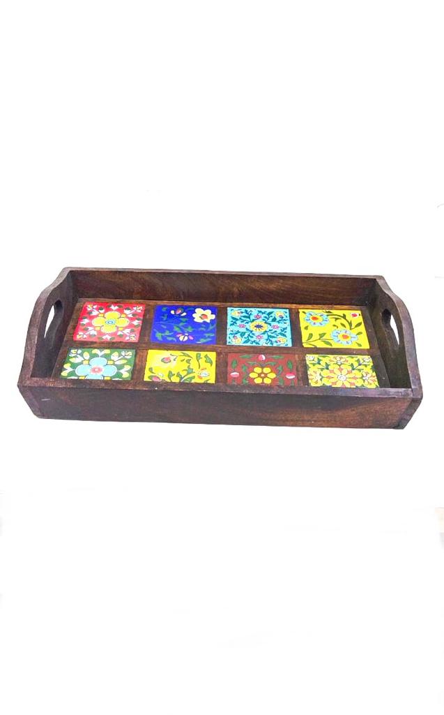 Premium Mango Wood Tray Blue Pottery Tiles Combined By Tamrapatra - Tamrapatra