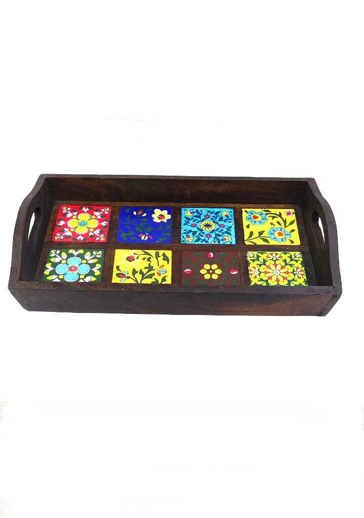 Premium Mango Wood Tray Blue Pottery Tiles Combined By Tamrapatra - Tamrapatra