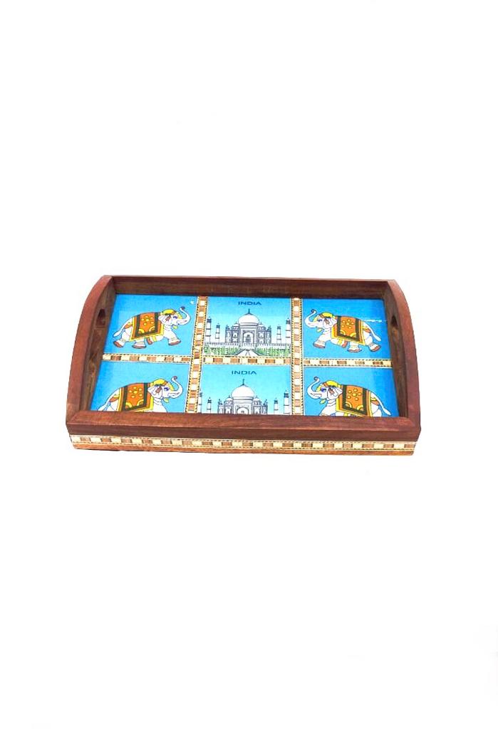 Premium Mango Wood Tray Blue Pottery Tiles Combined By Tamrapatra - Tamrapatra