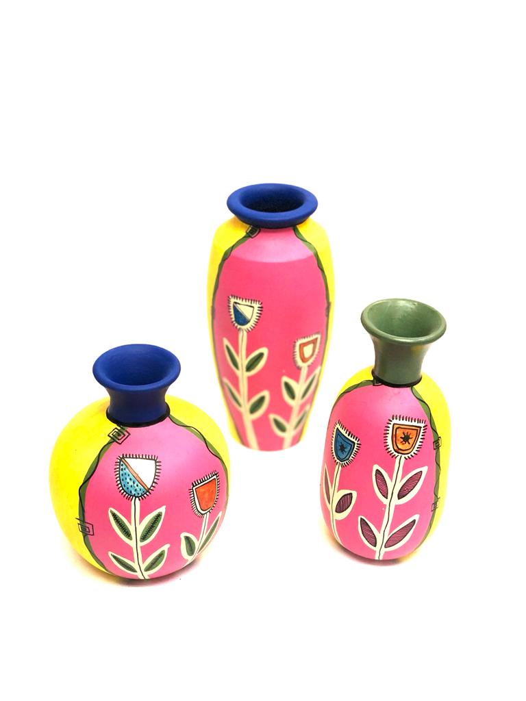 Magenta Yellow Terracotta Pots Hand Painted With Floral Design By Tamrapatra